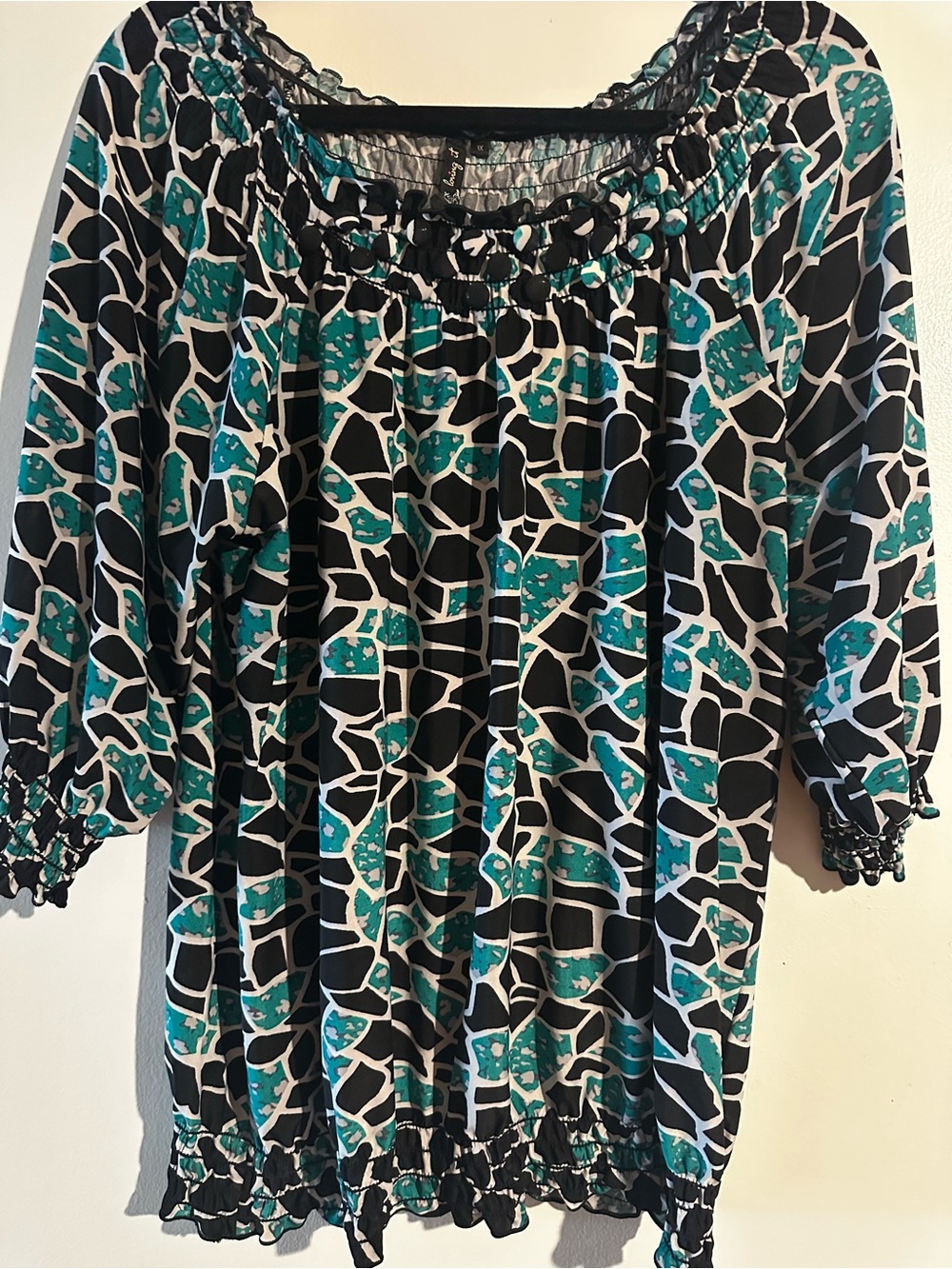 Smocked Neck Black and Teal Printed Women's Tunic